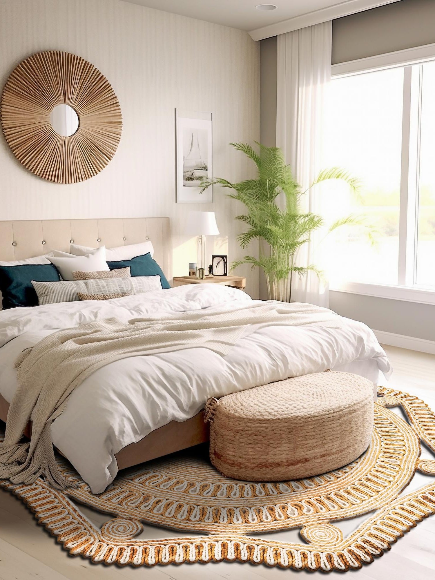 Natural and White 7' 10 x 7' 10 Braided Jute Round Area Rug 100% Jute Hand Braided Natural Eco-Friendly Boho Style Carpet for Living Rooms Dining Office Space Dorms for Sale at Rug Engine