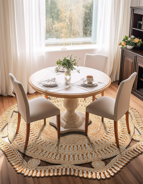 Natural and White 7' 10 x 7' 10 Braided Jute Round Area Rug 100% Jute Hand Braided Natural Eco-Friendly Boho Style Carpet for Living Rooms Dining Office Space Dorms for Sale at Rug Engine