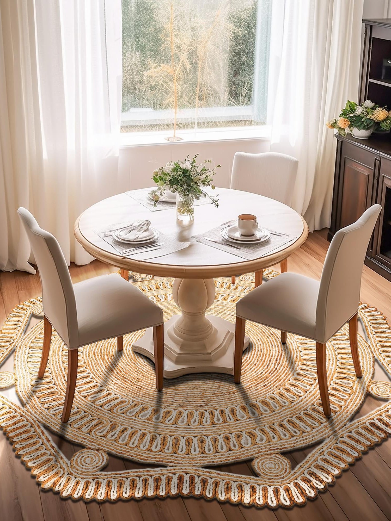 Natural and White 2' x 2' Braided Jute Round Area Rug 100% Jute Hand Braided Natural Eco-Friendly Boho Style Carpet for Living Rooms Dining Office Space Dorms for Sale at Rug Engine