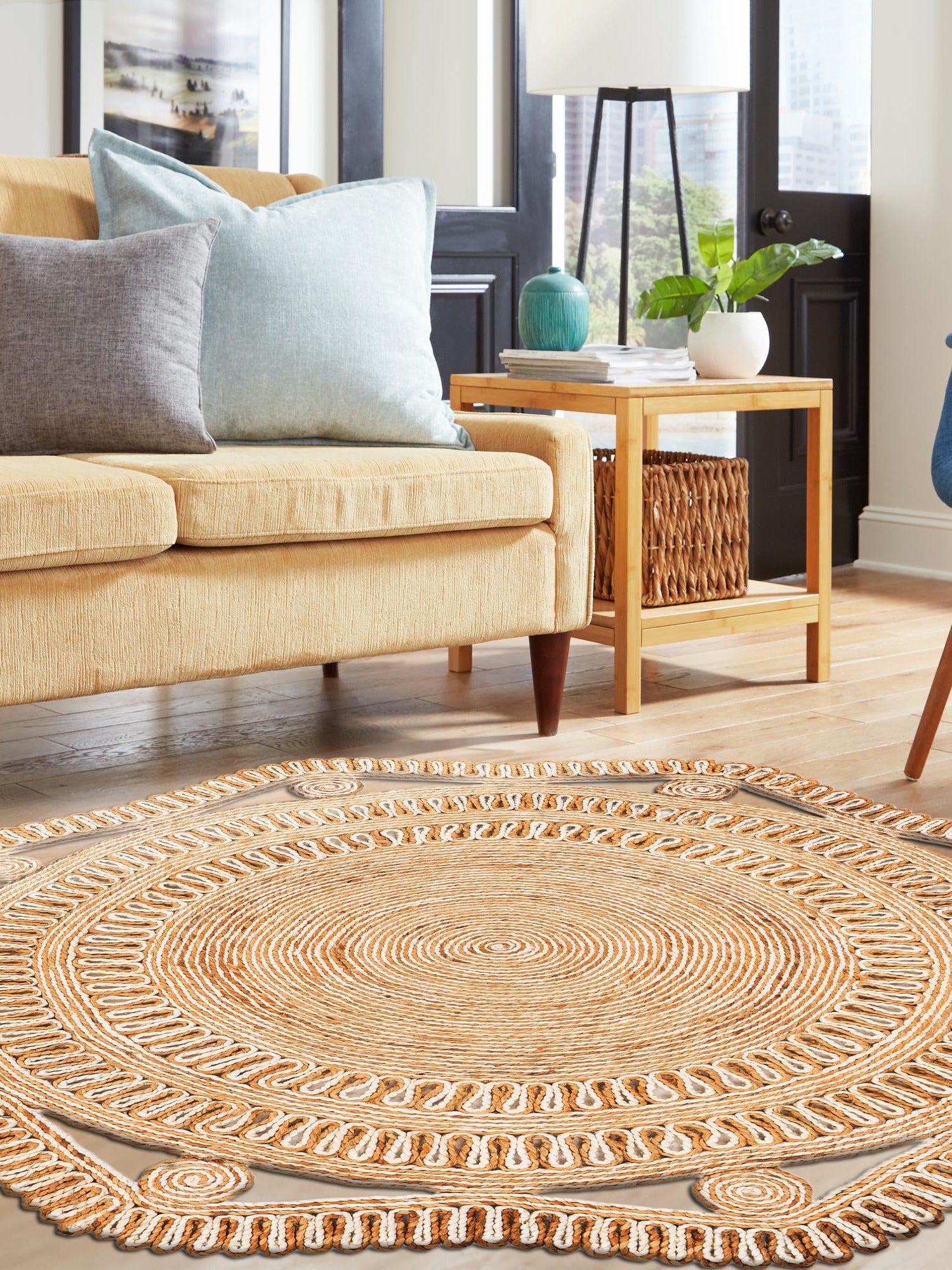 Natural and White 5' 1 x 5' 1 Braided Jute Round Area Rug 100% Jute Hand Braided Natural Eco-Friendly Boho Style Carpet for Living Rooms Dining Office Space Dorms for Sale at Rug Engine