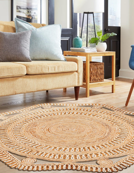Natural and White 3' 1 x 3' 1 Braided Jute Round Area Rug 100% Jute Hand Braided Natural Eco-Friendly Boho Style Carpet for Living Rooms Dining Office Space Dorms for Sale at Rug Engine