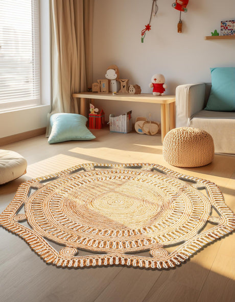 Natural and White 7' 10 x 7' 10 Braided Jute Round Area Rug 100% Jute Hand Braided Natural Eco-Friendly Boho Style Carpet for Living Rooms Dining Office Space Dorms for Sale at Rug Engine