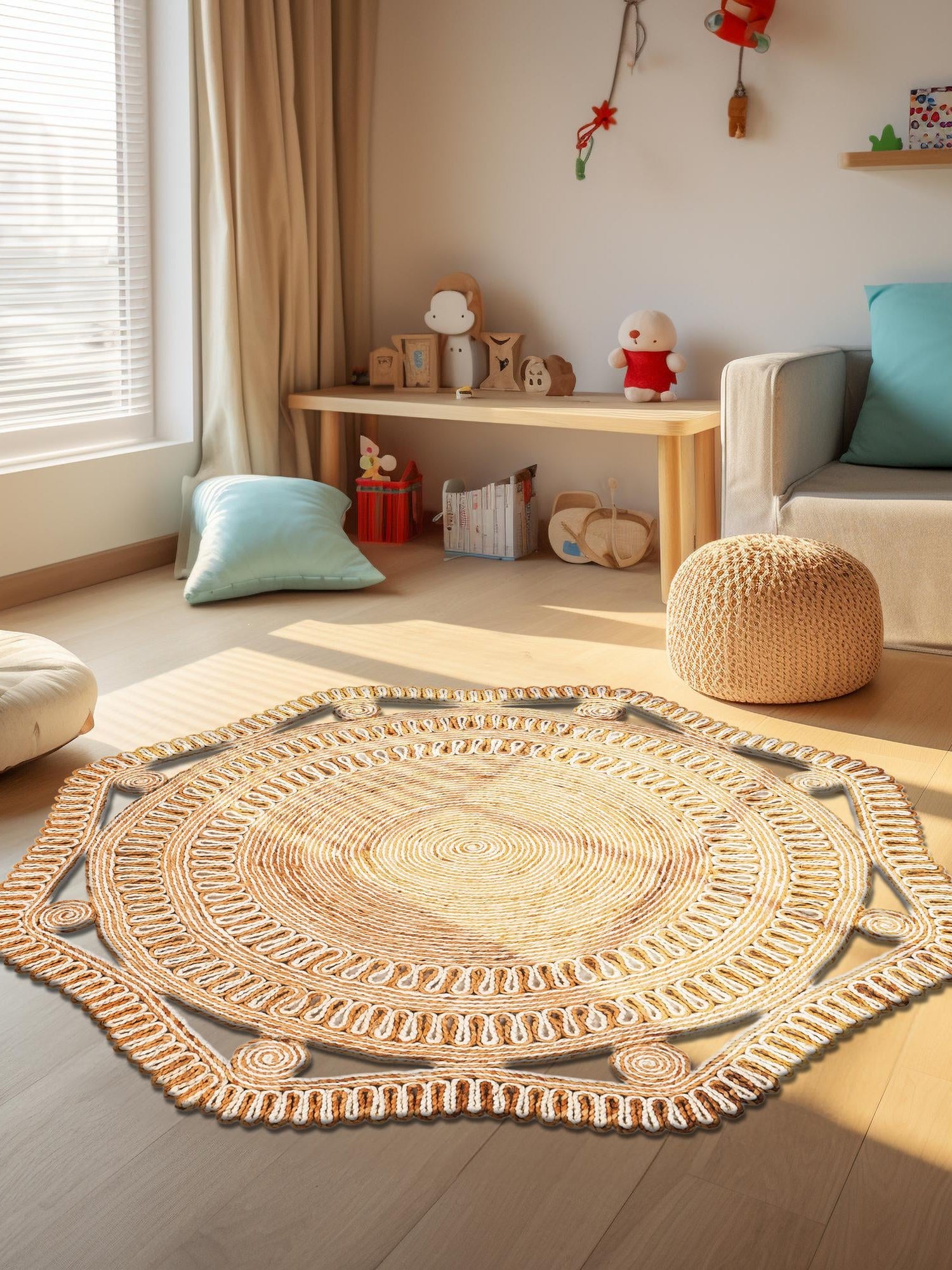Natural and White 3' 1 x 3' 1 Braided Jute Round Area Rug 100% Jute Hand Braided Natural Eco-Friendly Boho Style Carpet for Living Rooms Dining Office Space Dorms for Sale at Rug Engine