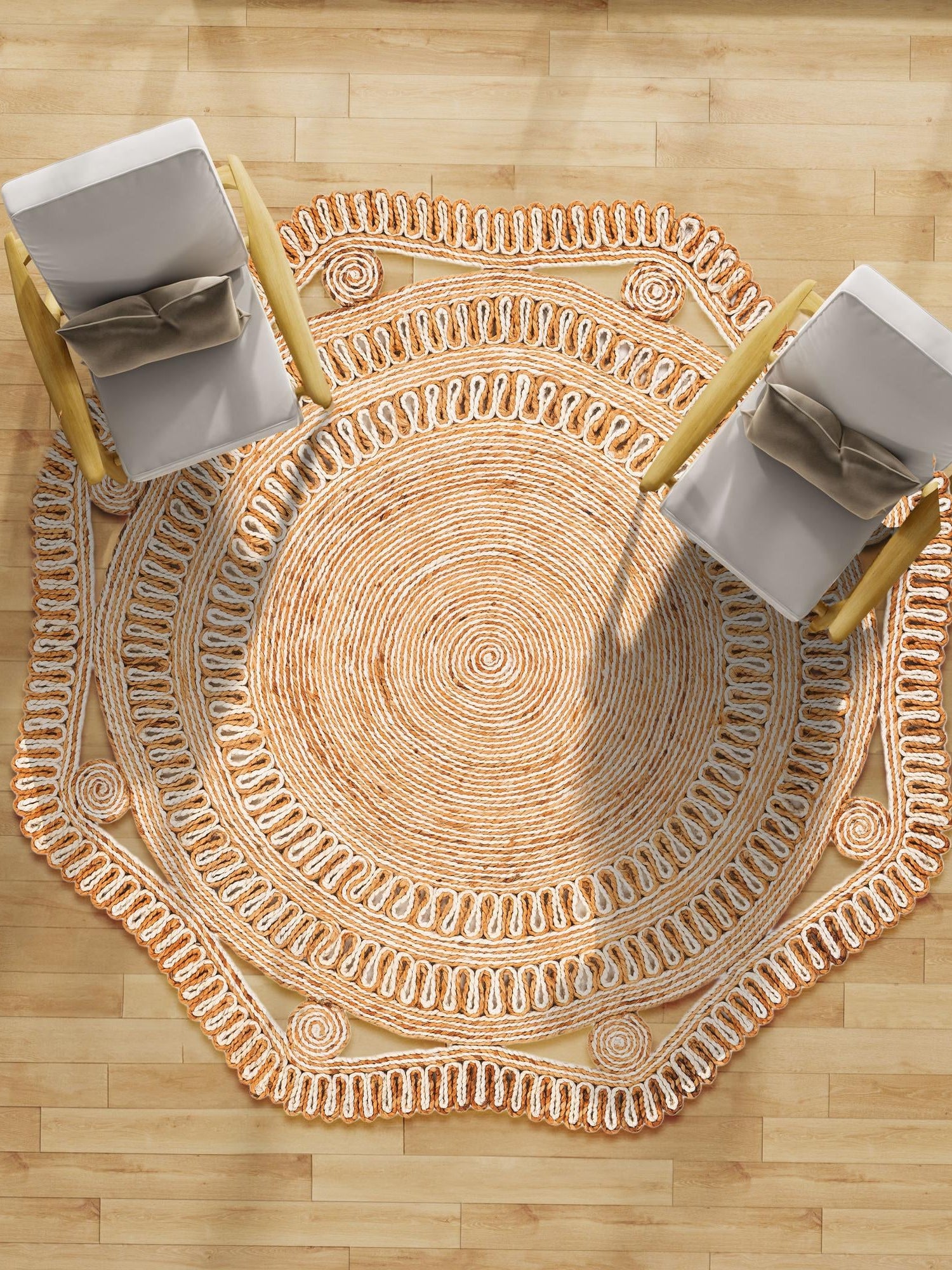 Natural and White 6' 1 x 6' 1 Braided Jute Round Area Rug 100% Jute Hand Braided Natural Eco-Friendly Boho Style Carpet for Living Rooms Dining Office Space Dorms for Sale at Rug Engine