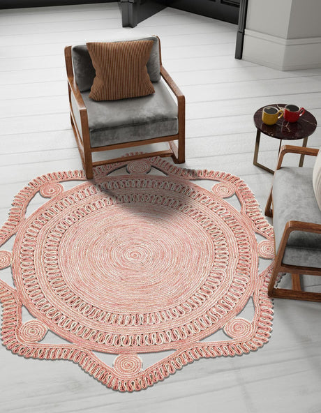 Pink and White 5' 1 x 5' 1 Braided Jute Round Rug