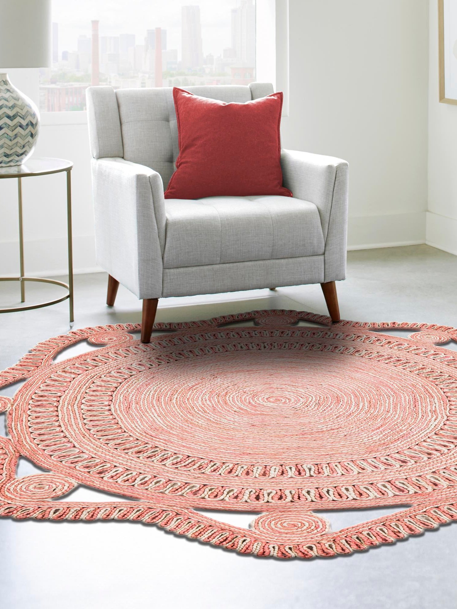 Pink and White 5' 1 x 5' 1 Braided Jute Round Area Rug 100% Jute Hand Braided Natural Eco-Friendly Boho Style Carpet for Living Rooms Dining Office Space Dorms for Sale at Rug Engine