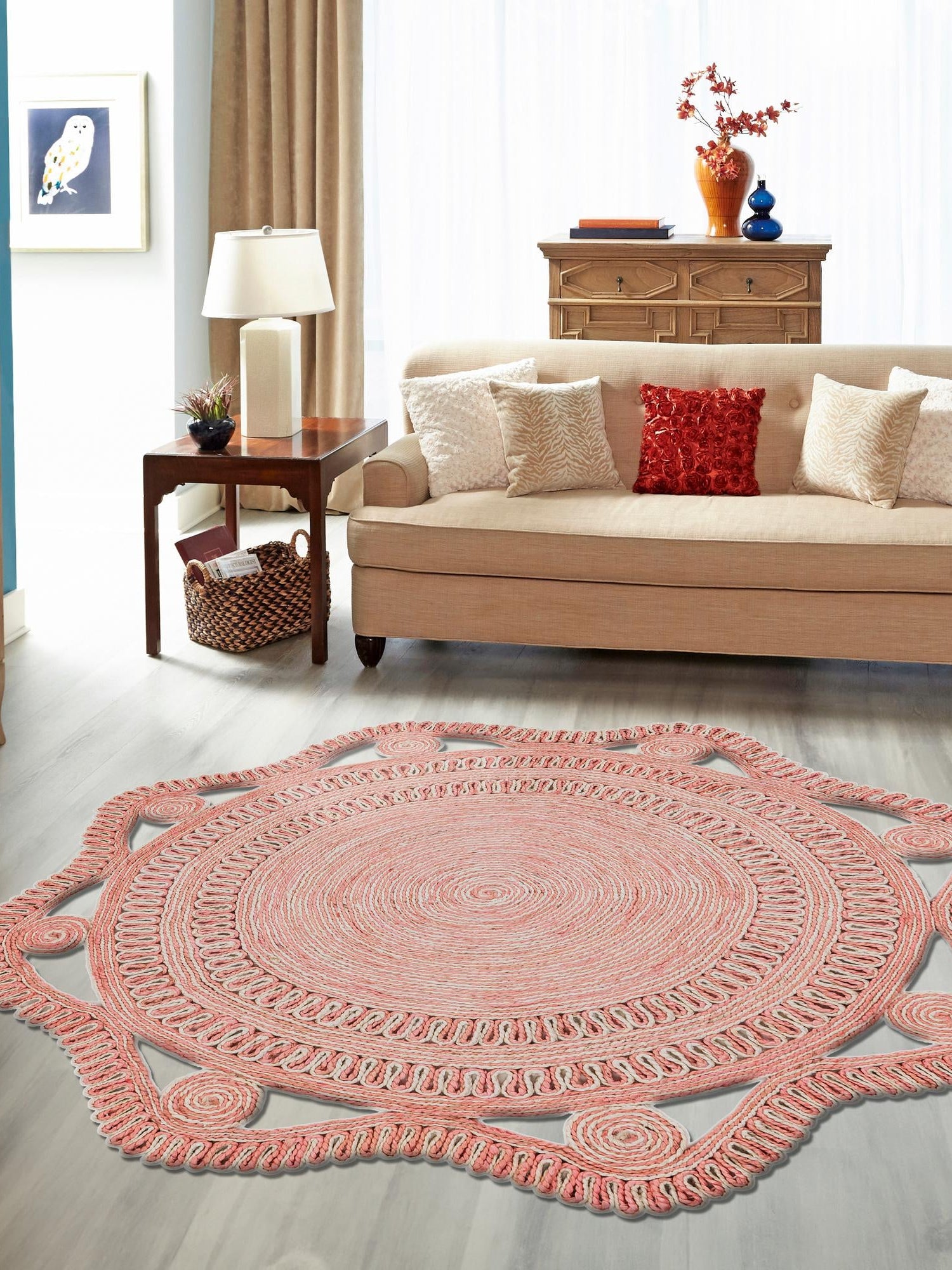 Pink and White 3' 1 x 3' 1 Braided Jute Round Area Rug 100% Jute Hand Braided Natural Eco-Friendly Boho Style Carpet for Living Rooms Dining Office Space Dorms for Sale at Rug Engine