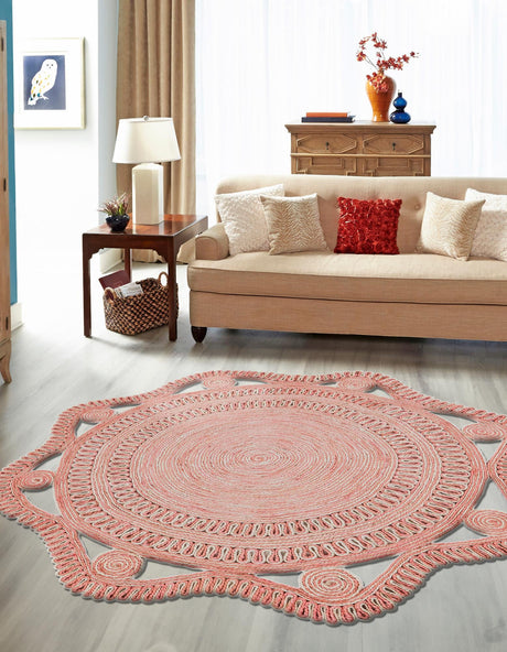 Pink and White 5' 1 x 5' 1 Braided Jute Round Area Rug 100% Jute Hand Braided Natural Eco-Friendly Boho Style Carpet for Living Rooms Dining Office Space Dorms for Sale at Rug Engine