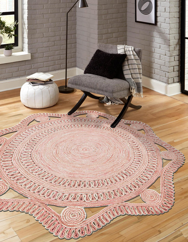 Pink and White 3' 1 x 3' 1 Braided Jute Round Rug