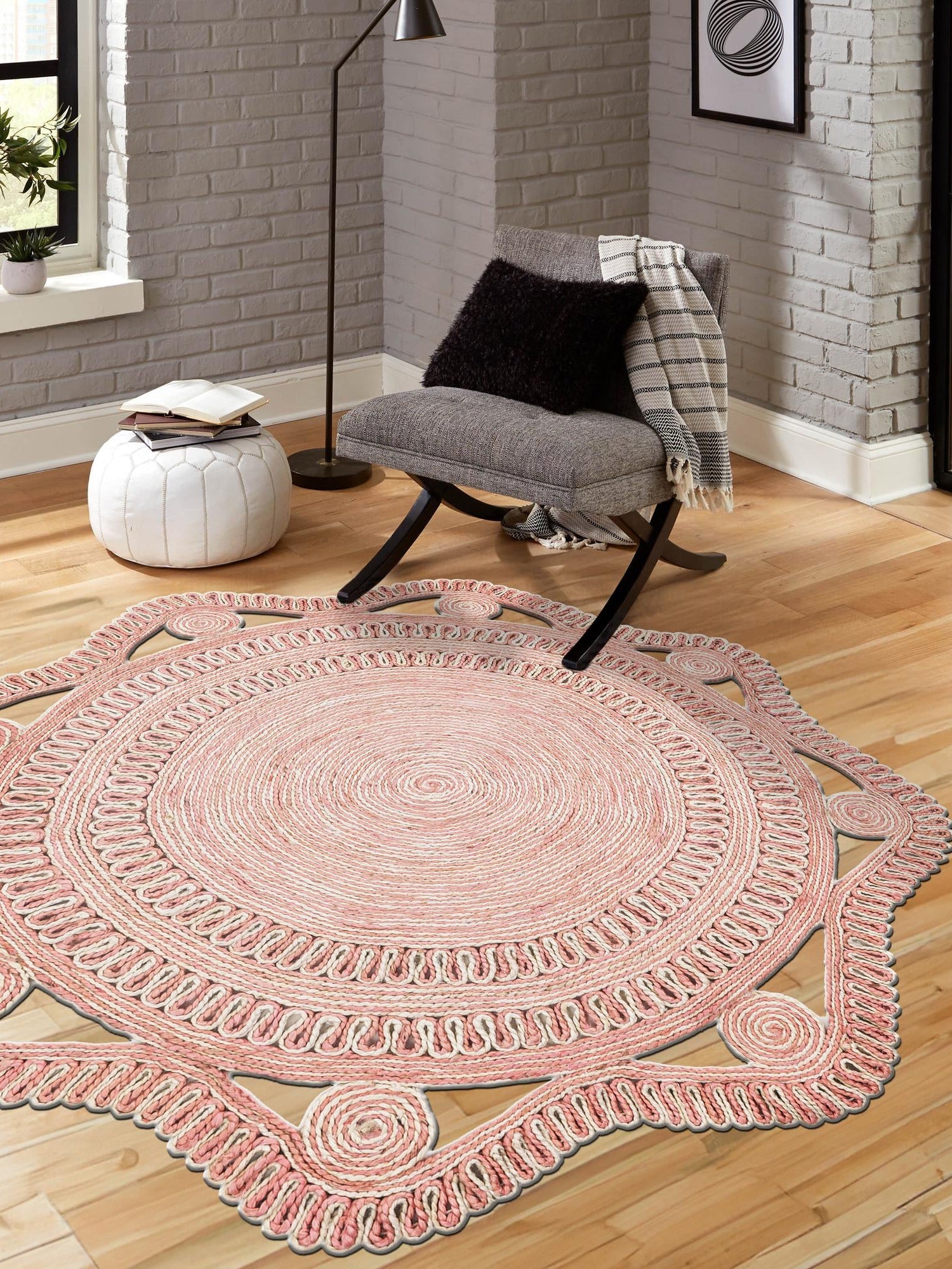 Pink and White 5' 1 x 5' 1 Braided Jute Round Area Rug 100% Jute Hand Braided Natural Eco-Friendly Boho Style Carpet for Living Rooms Dining Office Space Dorms for Sale at Rug Engine