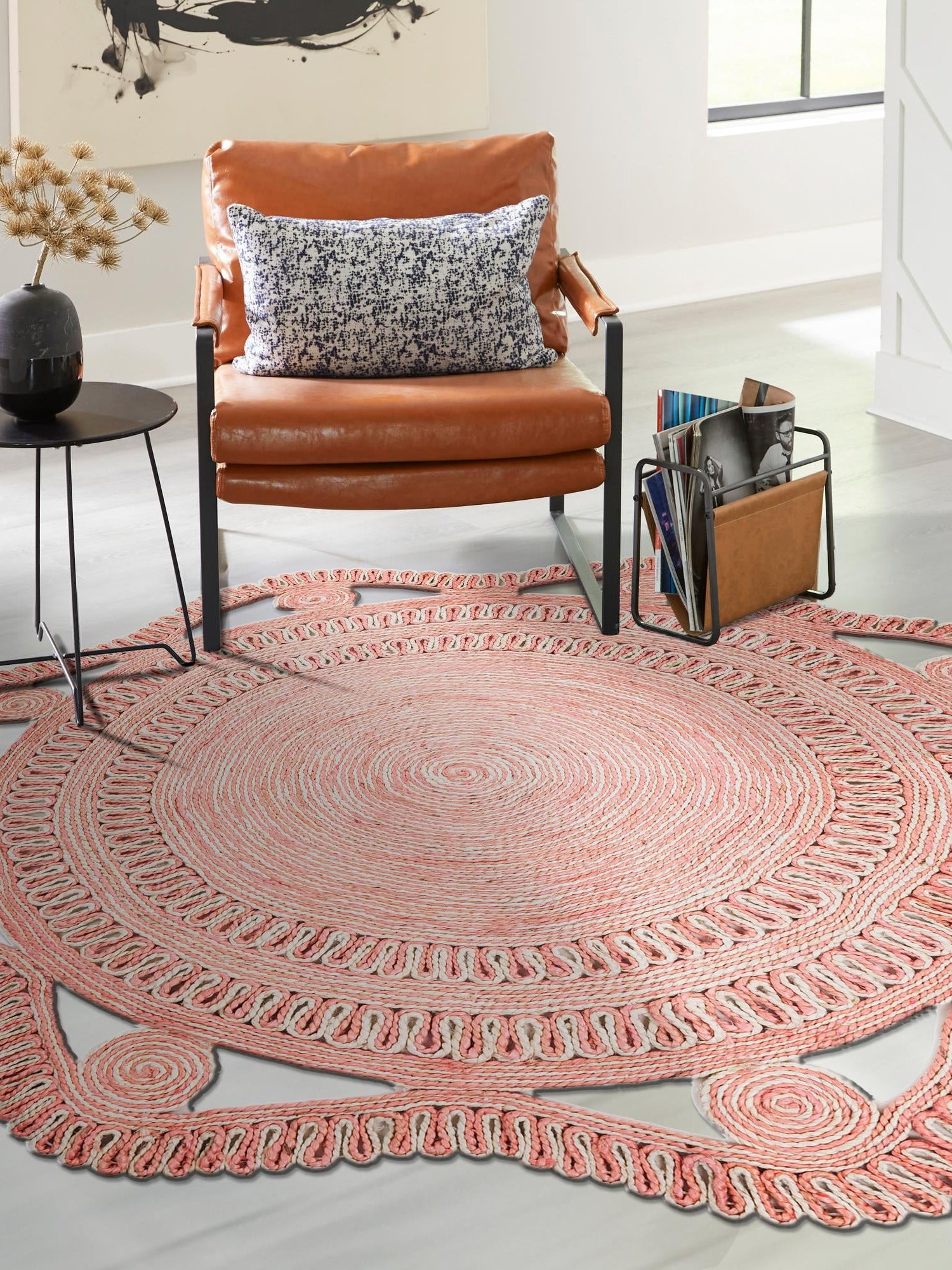 Pink and White 5' 1 x 5' 1 Braided Jute Round Area Rug 100% Jute Hand Braided Natural Eco-Friendly Boho Style Carpet for Living Rooms Dining Office Space Dorms for Sale at Rug Engine