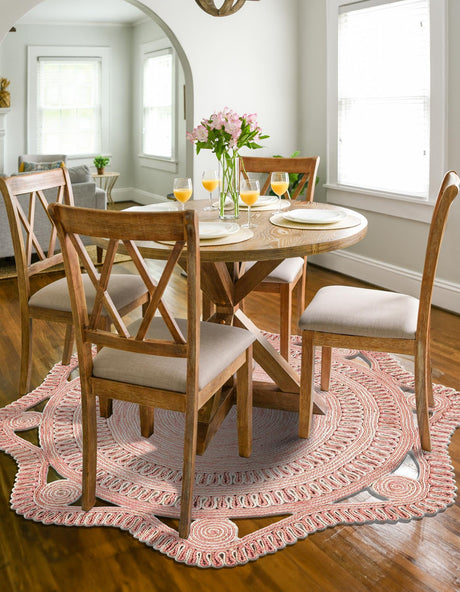 Pink and White 6' 1 x 6' 1 Braided Jute Round Area Rug 100% Jute Hand Braided Natural Eco-Friendly Boho Style Carpet for Living Rooms Dining Office Space Dorms for Sale at Rug Engine