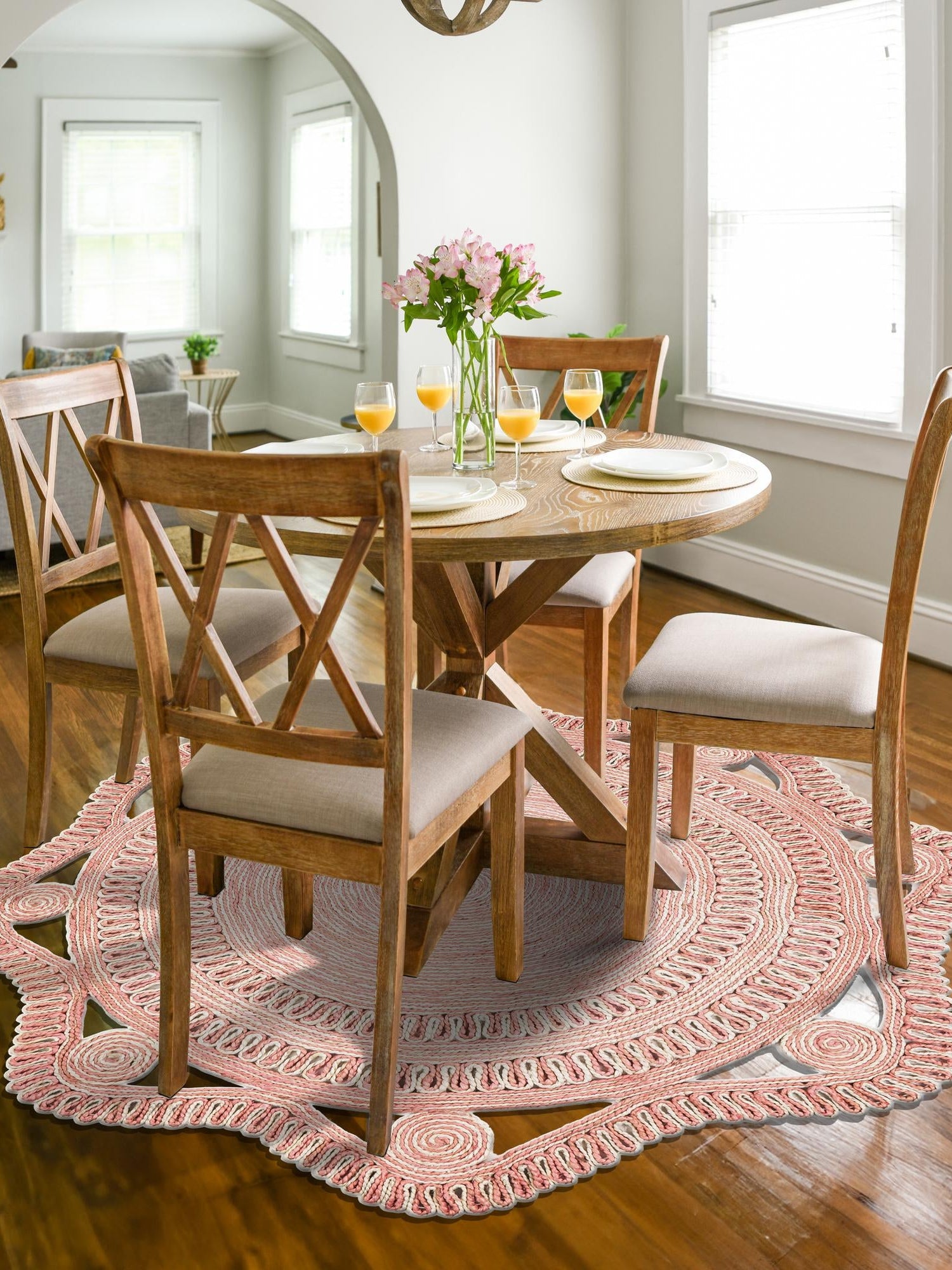 Pink and White 5' 1 x 5' 1 Braided Jute Round Area Rug 100% Jute Hand Braided Natural Eco-Friendly Boho Style Carpet for Living Rooms Dining Office Space Dorms for Sale at Rug Engine