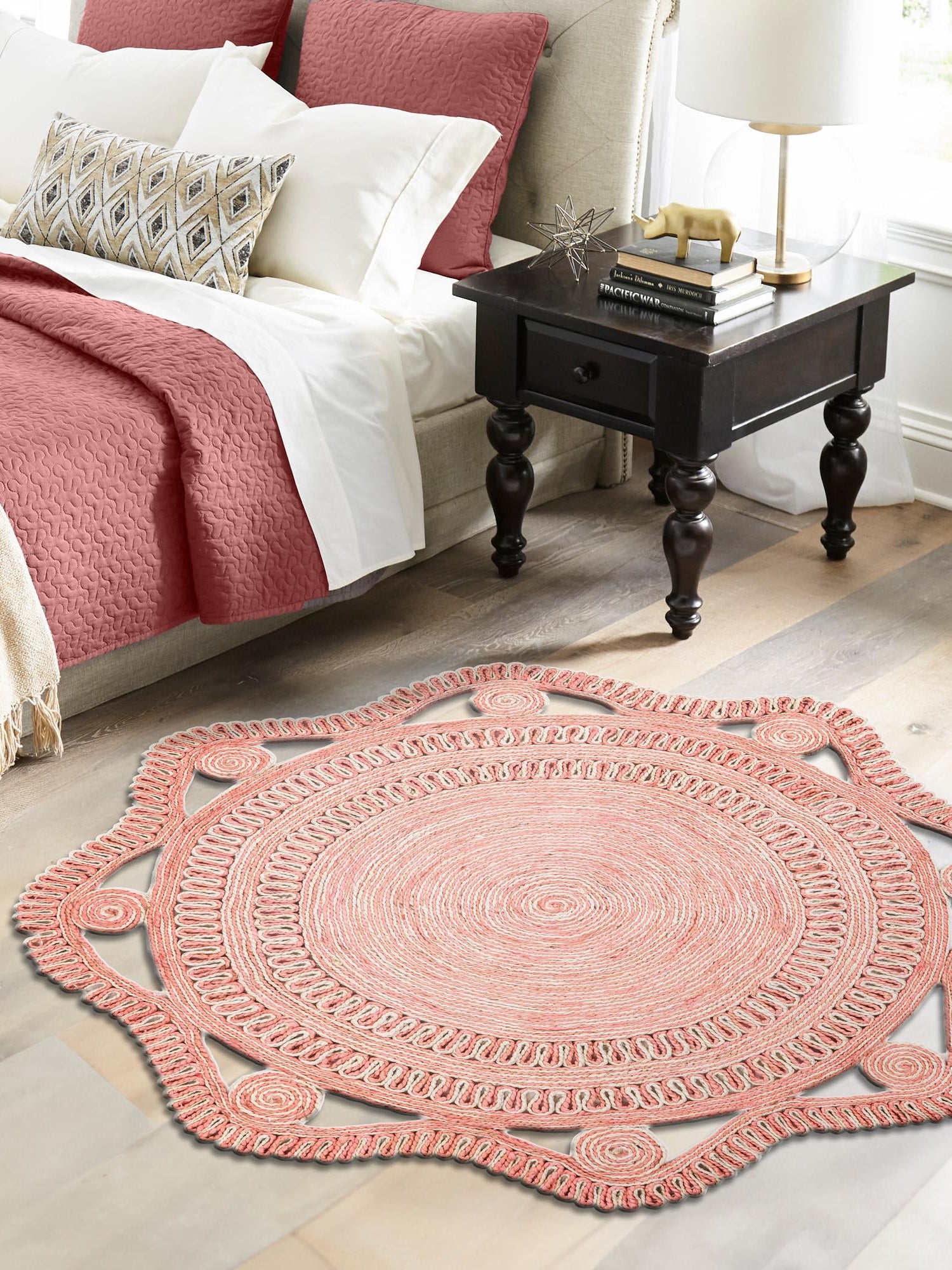 Pink and White 5' 1 x 5' 1 Braided Jute Round Area Rug 100% Jute Hand Braided Natural Eco-Friendly Boho Style Carpet for Living Rooms Dining Office Space Dorms for Sale at Rug Engine