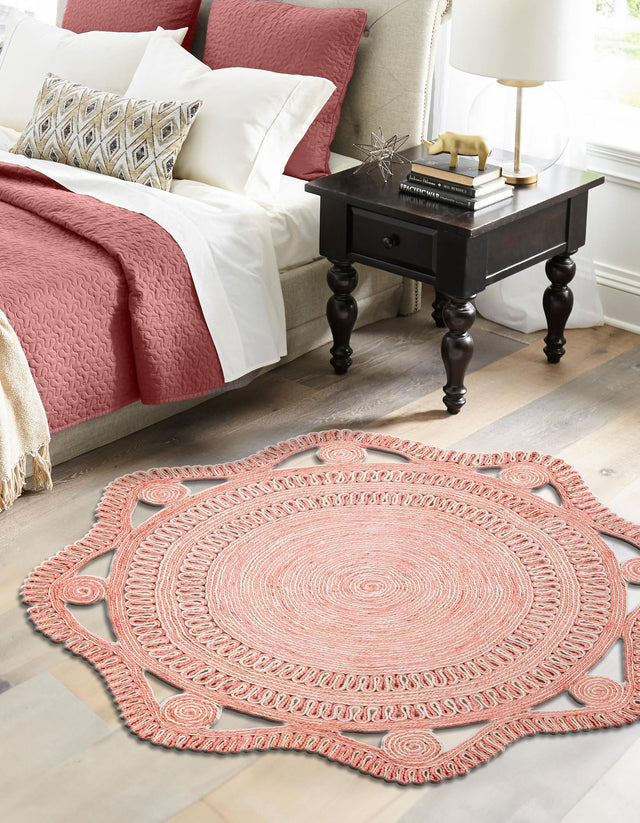Pink and White 5' 1 x 5' 1 Braided Jute Round Rug