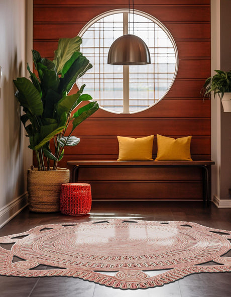 Pink and White 3' 1 x 3' 1 Braided Jute Round Area Rug 100% Jute Hand Braided Natural Eco-Friendly Boho Style Carpet for Living Rooms Dining Office Space Dorms for Sale at Rug Engine