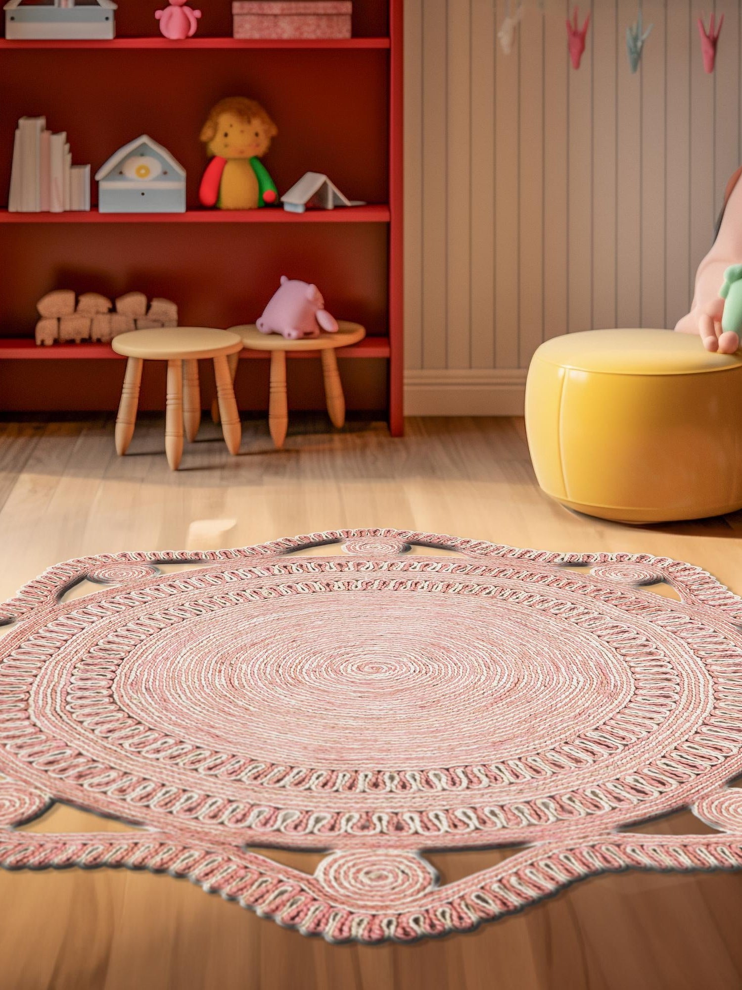 Pink and White 5' 1 x 5' 1 Braided Jute Round Area Rug 100% Jute Hand Braided Natural Eco-Friendly Boho Style Carpet for Living Rooms Dining Office Space Dorms for Sale at Rug Engine
