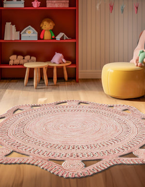Pink and White 5' 1 x 5' 1 Braided Jute Round Rug