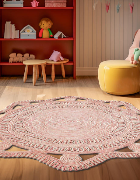 Pink and White 5' 1 x 5' 1 Braided Jute Round Area Rug 100% Jute Hand Braided Natural Eco-Friendly Boho Style Carpet for Living Rooms Dining Office Space Dorms for Sale at Rug Engine