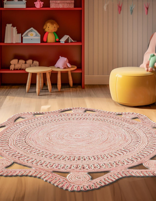 Pink and White 5' 1 x 5' 1 Braided Jute Round Rug