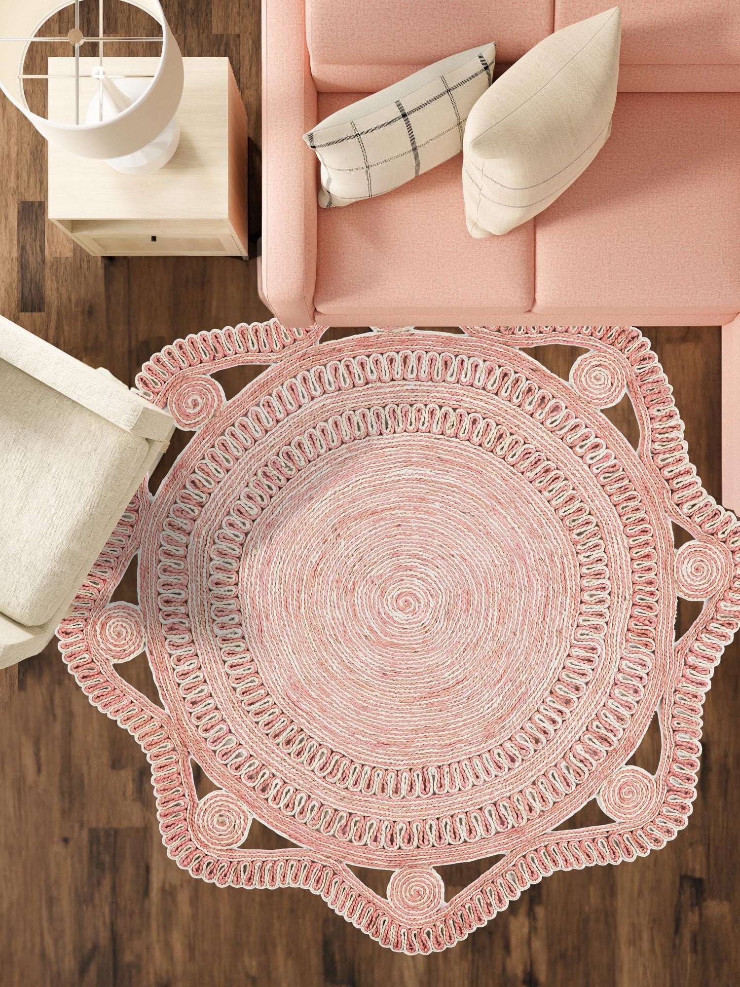 Pink and White 4' 1 x 4' 1 Braided Jute Round Area Rug 100% Jute Hand Braided Natural Eco-Friendly Boho Style Carpet for Living Rooms Dining Office Space Dorms for Sale at Rug Engine