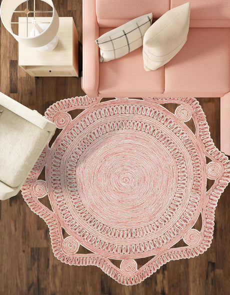 Pink and White 4' 1 x 4' 1 Braided Jute Round Area Rug 100% Jute Hand Braided Natural Eco-Friendly Boho Style Carpet for Living Rooms Dining Office Space Dorms for Sale at Rug Engine