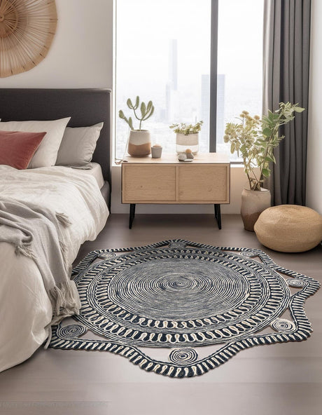 Navy and White 4' 1 x 4' 1 Braided Jute Round Rug