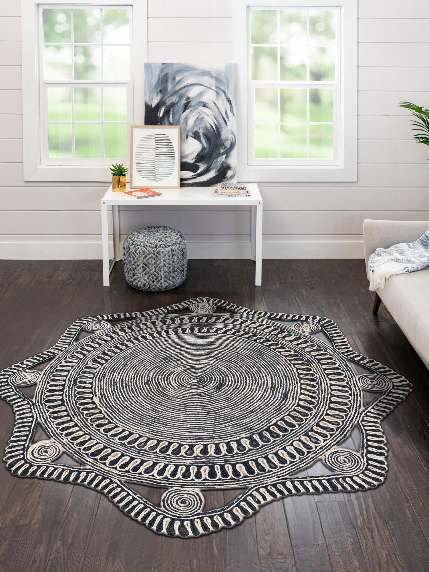 Navy and White 4' 1 x 4' 1 Braided Jute Round Area Rug 100% Jute Hand Braided Natural Eco-Friendly Boho Style Carpet for Living Rooms Dining Office Space Dorms for Sale at Rug Engine