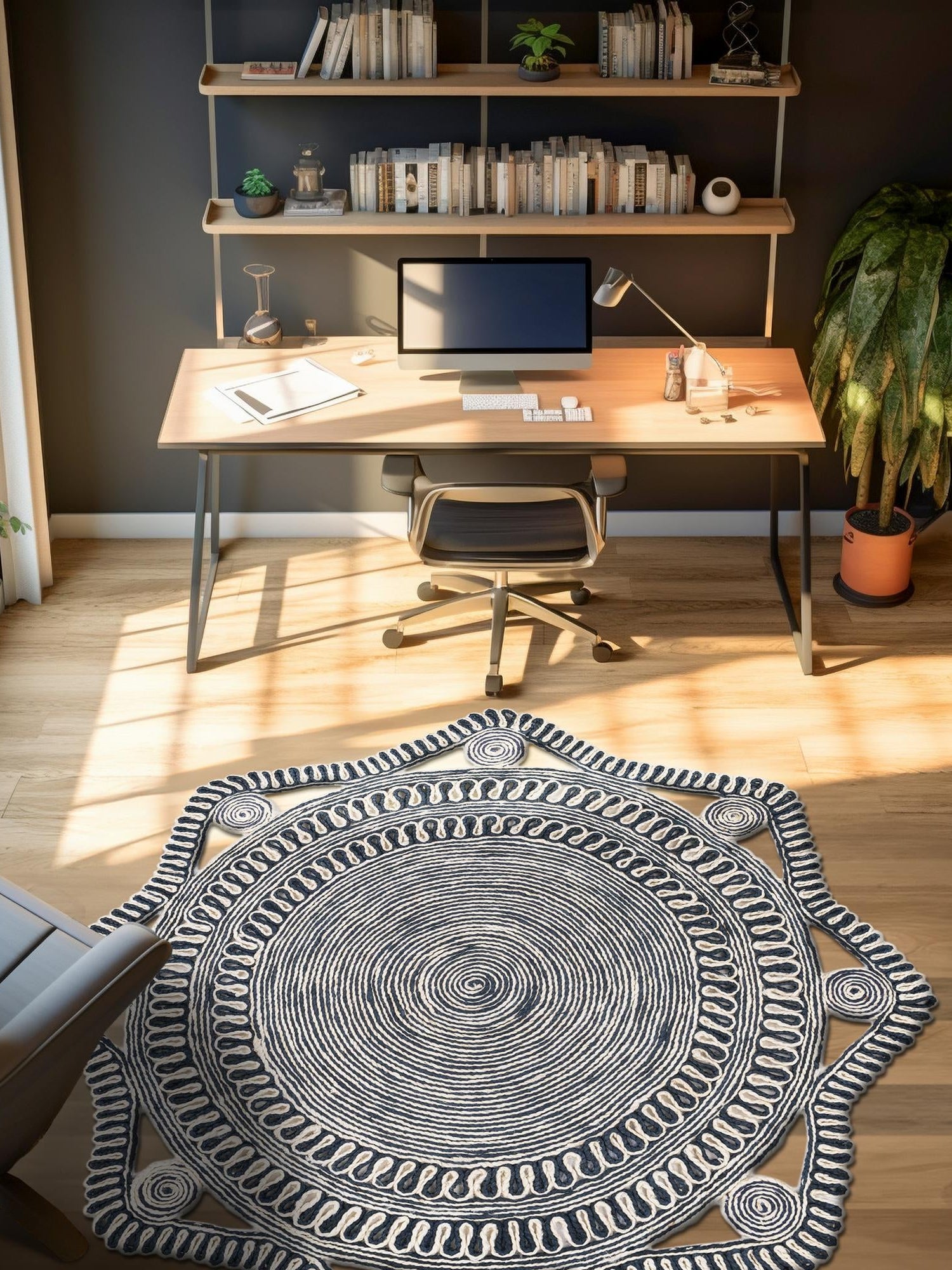 Navy and White 6' 1 x 6' 1 Braided Jute Round Area Rug 100% Jute Hand Braided Natural Eco-Friendly Boho Style Carpet for Living Rooms Dining Office Space Dorms for Sale at Rug Engine