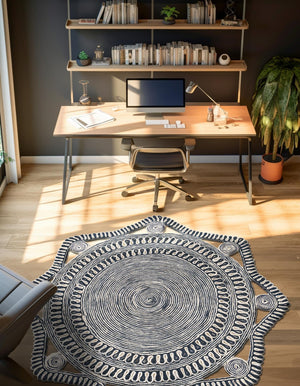 Navy and White 4' 1 x 4' 1 Braided Jute Round Rug
