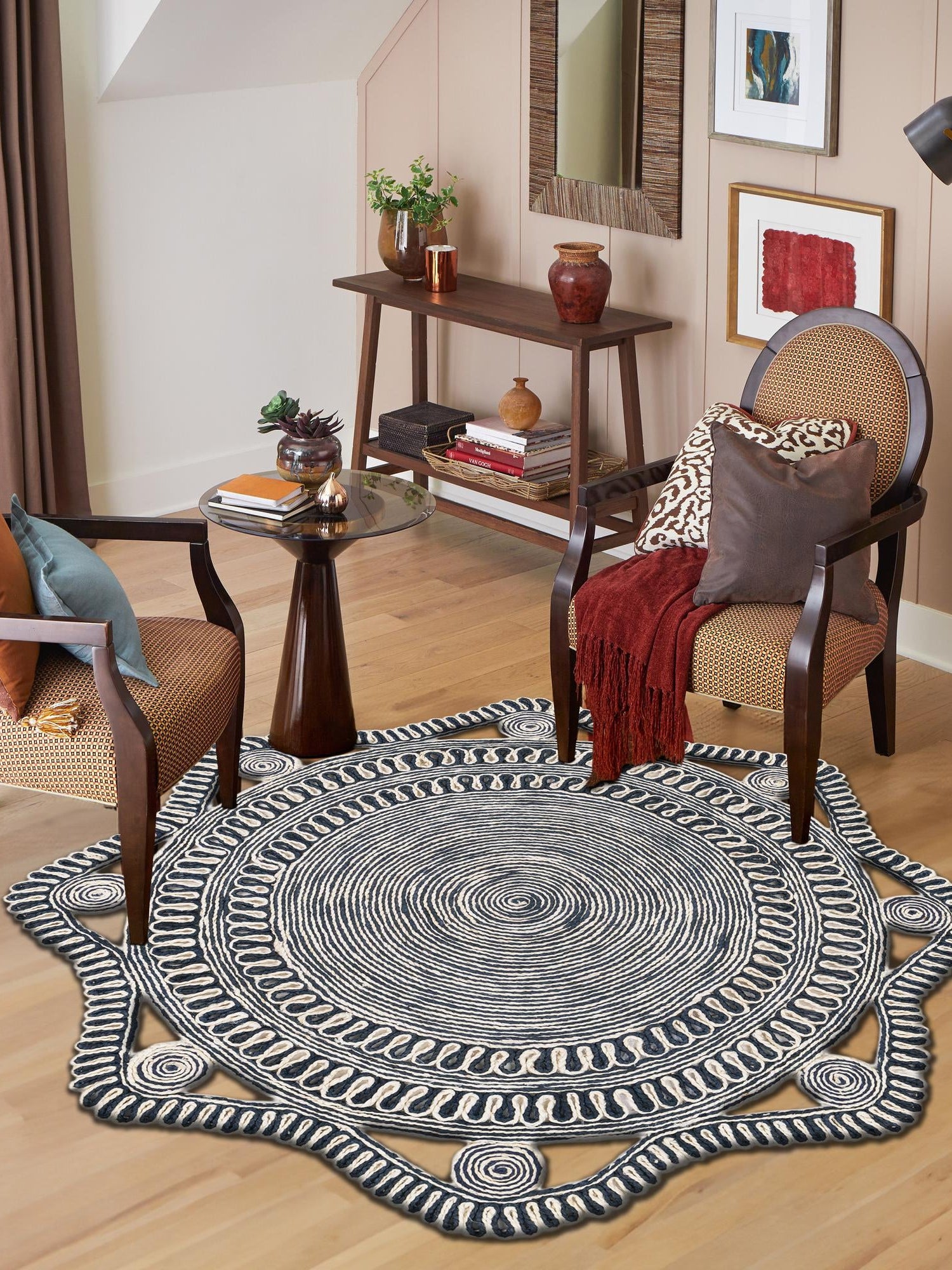 Navy and White 2' x 2' Braided Jute Round Area Rug 100% Jute Hand Braided Natural Eco-Friendly Boho Style Carpet for Living Rooms Dining Office Space Dorms for Sale at Rug Engine