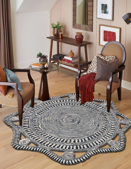 Navy and White 2' x 2' Braided Jute Round Area Rug 100% Jute Hand Braided Natural Eco-Friendly Boho Style Carpet for Living Rooms Dining Office Space Dorms for Sale at Rug Engine