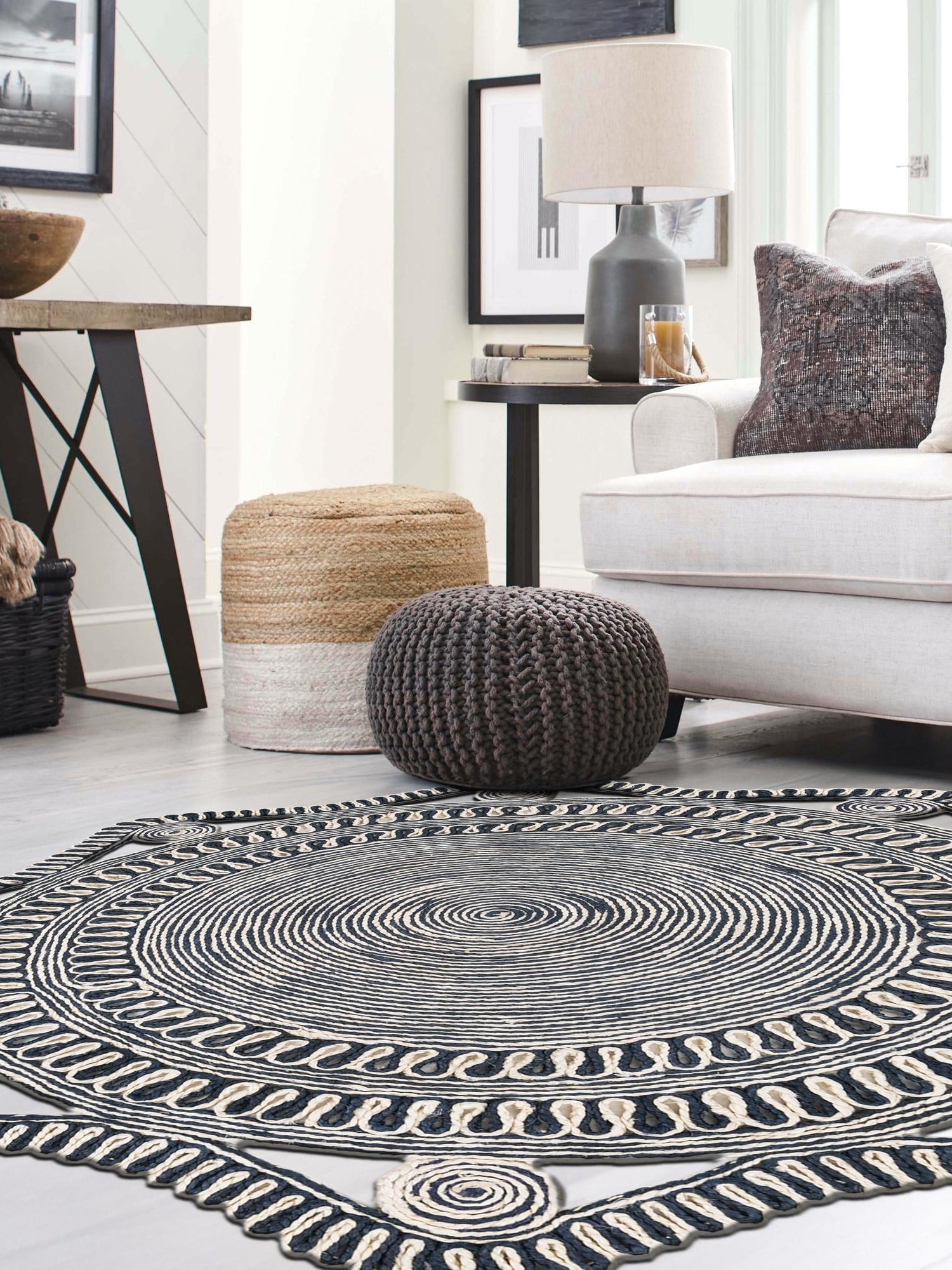 Navy and White 10' x 10' Braided Jute Round Area Rug 100% Jute Hand Braided Natural Eco-Friendly Boho Style Carpet for Living Rooms Dining Office Space Dorms for Sale at Rug Engine
