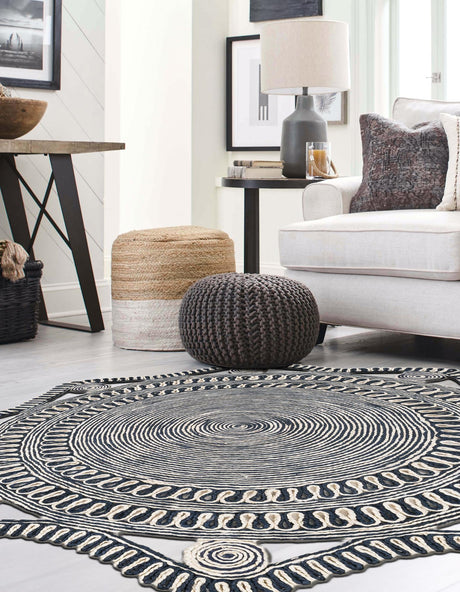 Navy and White 4' 1 x 4' 1 Braided Jute Round Area Rug 100% Jute Hand Braided Natural Eco-Friendly Boho Style Carpet for Living Rooms Dining Office Space Dorms for Sale at Rug Engine