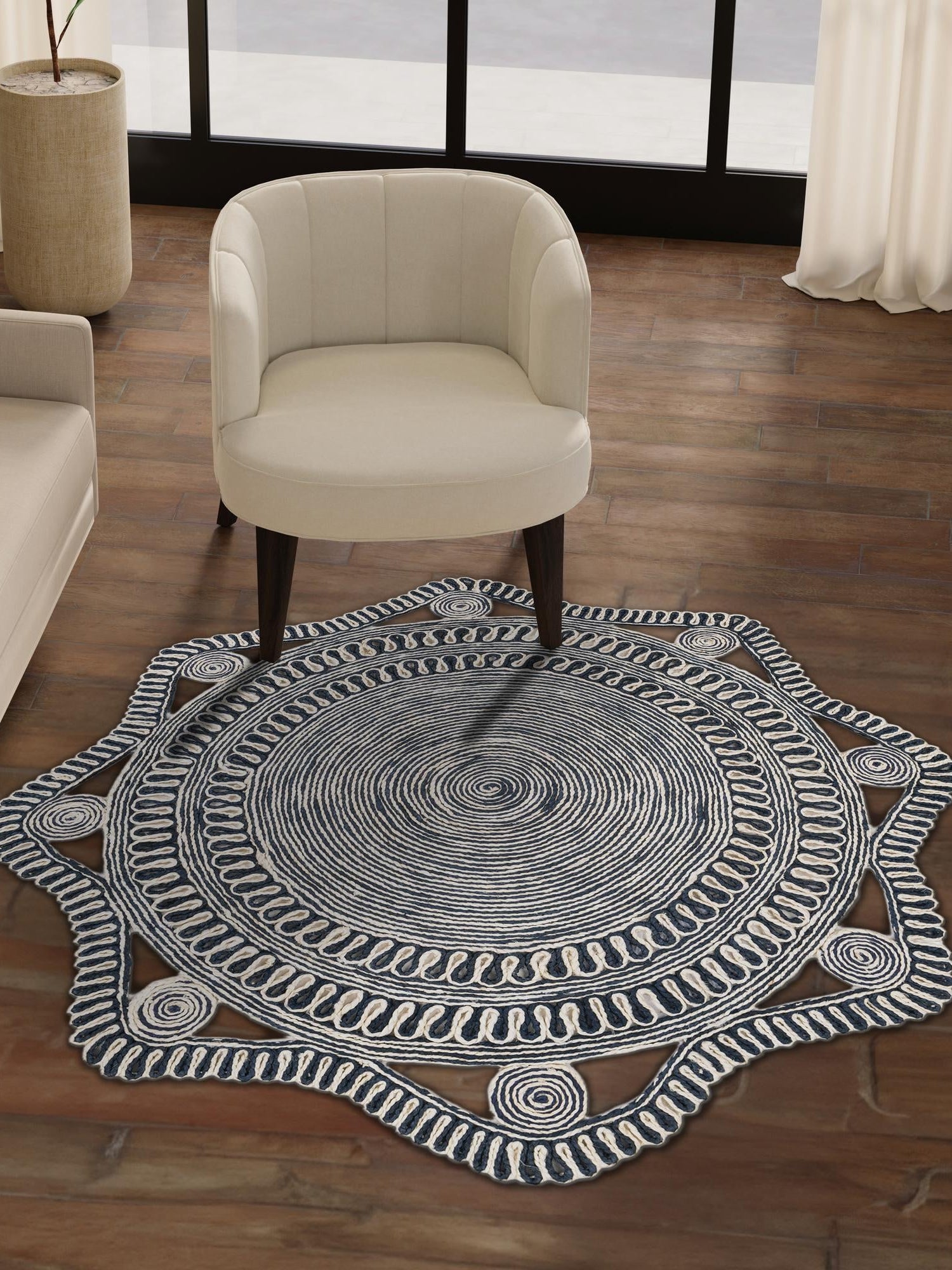 Navy and White 2' x 2' Braided Jute Round Area Rug 100% Jute Hand Braided Natural Eco-Friendly Boho Style Carpet for Living Rooms Dining Office Space Dorms for Sale at Rug Engine