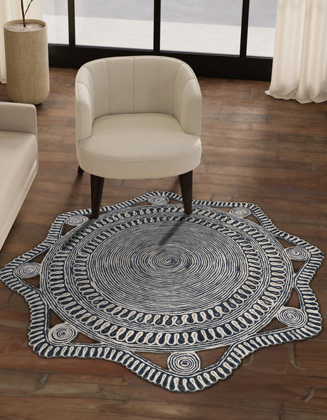 Navy and White 6' 1 x 6' 1 Braided Jute Round Area Rug 100% Jute Hand Braided Natural Eco-Friendly Boho Style Carpet for Living Rooms Dining Office Space Dorms for Sale at Rug Engine