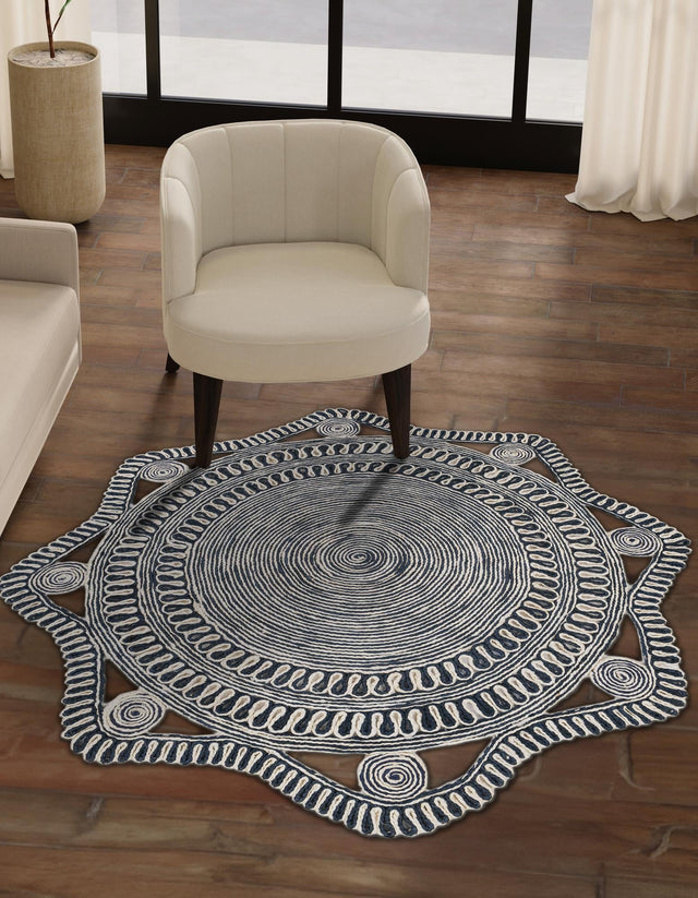 Navy and White 4' 1 x 4' 1 Braided Jute Round Rug