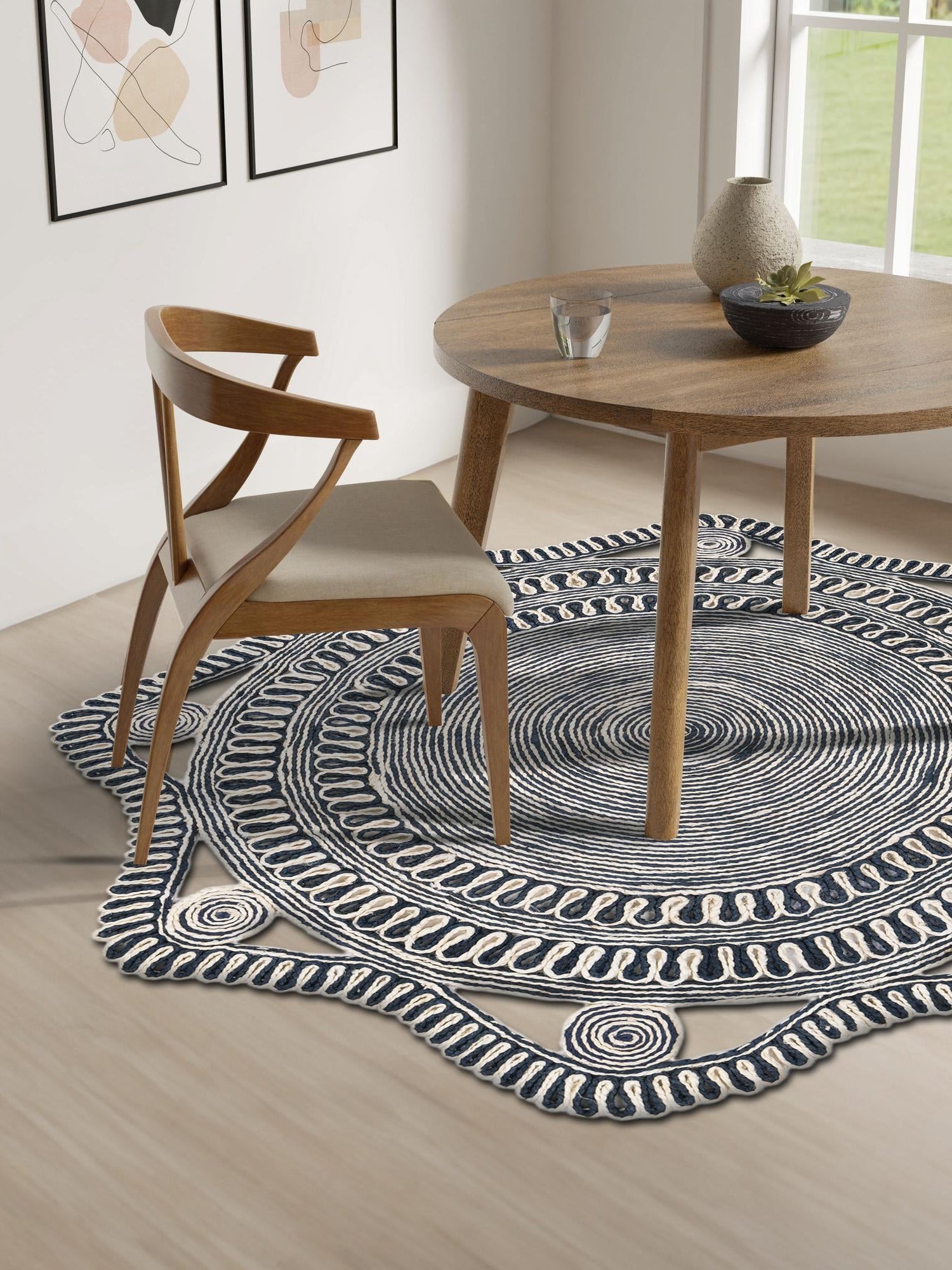 Navy and White 6' 1 x 6' 1 Braided Jute Round Area Rug 100% Jute Hand Braided Natural Eco-Friendly Boho Style Carpet for Living Rooms Dining Office Space Dorms for Sale at Rug Engine