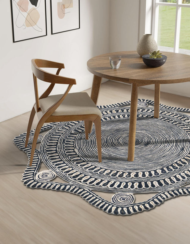 Navy and White 4' 1 x 4' 1 Braided Jute Round Rug
