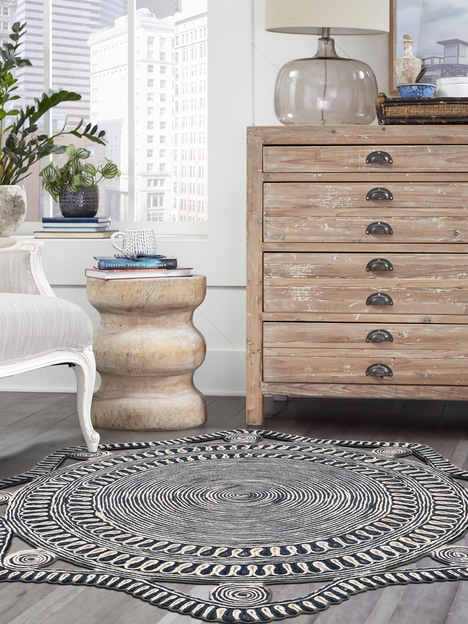 Navy and White 10' x 10' Braided Jute Round Area Rug 100% Jute Hand Braided Natural Eco-Friendly Boho Style Carpet for Living Rooms Dining Office Space Dorms for Sale at Rug Engine