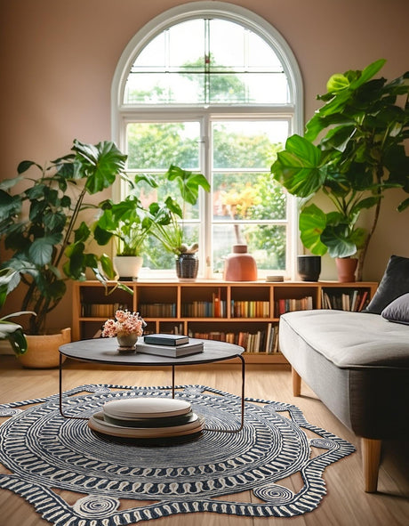 Navy and White 10' x 10' Braided Jute Round Area Rug 100% Jute Hand Braided Natural Eco-Friendly Boho Style Carpet for Living Rooms Dining Office Space Dorms for Sale at Rug Engine