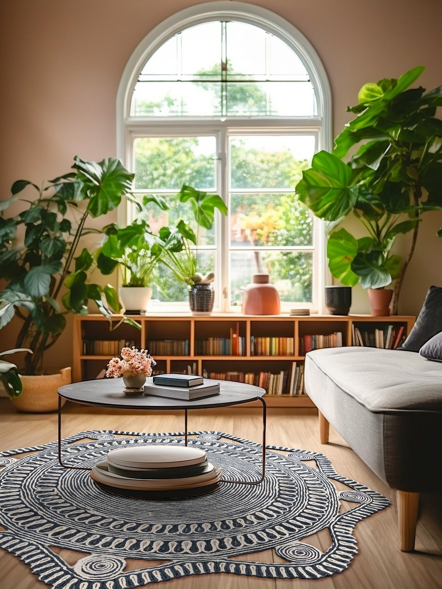 Navy and White 4' 1 x 4' 1 Braided Jute Round Area Rug 100% Jute Hand Braided Natural Eco-Friendly Boho Style Carpet for Living Rooms Dining Office Space Dorms for Sale at Rug Engine