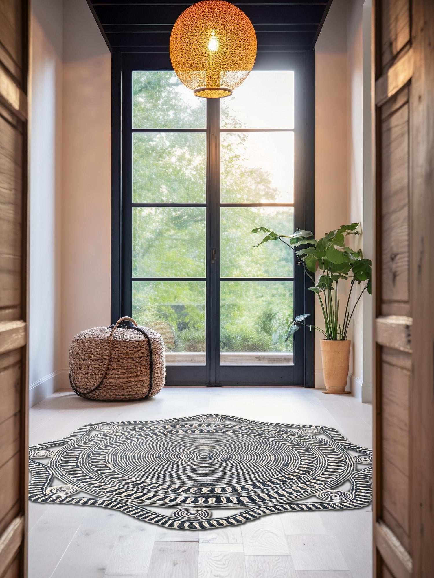 Navy and White 5' 1 x 5' 1 Braided Jute Round Area Rug 100% Jute Hand Braided Natural Eco-Friendly Boho Style Carpet for Living Rooms Dining Office Space Dorms for Sale at Rug Engine
