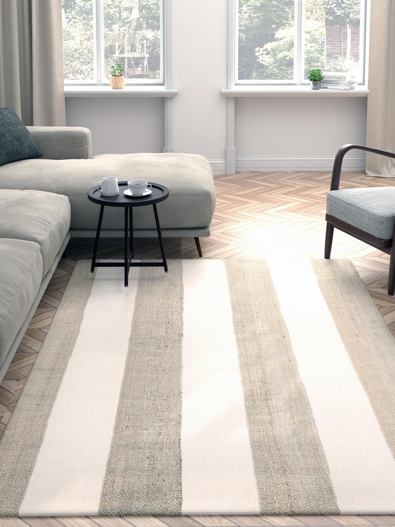 Gray 6' 1 x 9' Jill Zarin Hamptons Rectangle Area Rug Jute & Wool With Cotton Backing All Natural Striped Design Coastal Hand Woven Carpet for Sale at Rug Engine