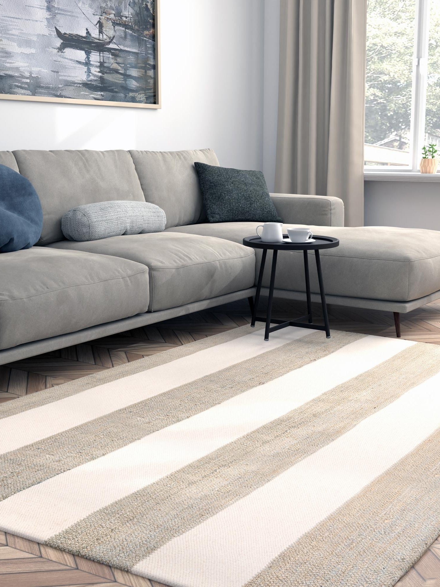 Gray 6' 1 x 9' Jill Zarin Hamptons Rectangle Area Rug Jute & Wool With Cotton Backing All Natural Striped Design Coastal Hand Woven Carpet for Sale at Rug Engine
