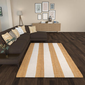 Tan Sand 5' 1 x 8' Jill Zarin Hamptons Rectangle Area Rug Jute & Wool With Cotton Backing All Natural Striped Design Coastal Hand Woven Carpet for Sale at Rug Engine