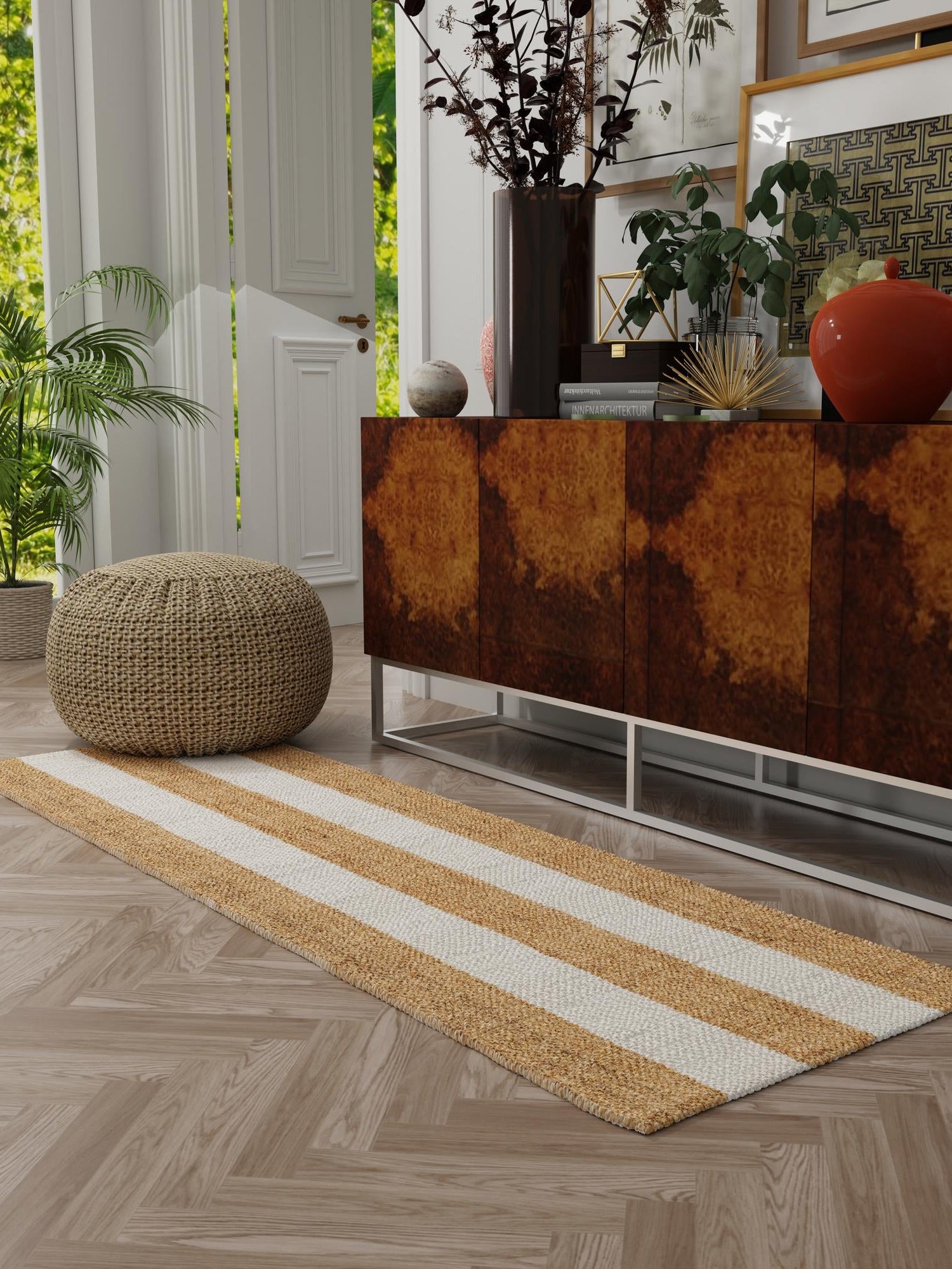Tan Sand 2' 7 x 12' Jill Zarin Hamptons Runner Area Rug Jute & Wool With Cotton Backing All Natural Striped Design Coastal Hand Woven Carpet for Sale at Rug Engine