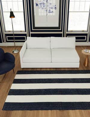 Nautical Navy 6' 1 x 9' Jill Zarin Hamptons Rectangle Area Rug Jute & Wool With Cotton Backing All Natural Striped Design Coastal Hand Woven Carpet for Sale at Rug Engine