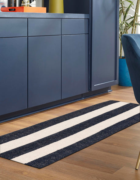 Nautical Navy 2' x 8' Jill Zarin Hamptons Runner Area Rug Jute & Wool With Cotton Backing All Natural Striped Design Coastal Hand Woven Carpet for Sale at Rug Engine