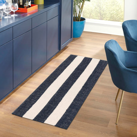 Nautical Navy 2' x 8' Jill Zarin Hamptons Runner Area Rug Jute & Wool With Cotton Backing All Natural Striped Design Coastal Hand Woven Carpet for Sale at Rug Engine